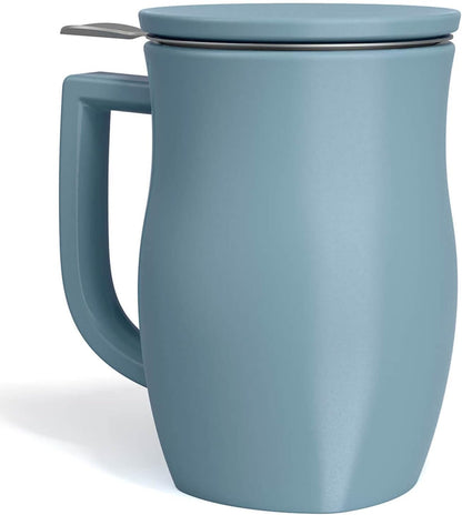 14 oz Tea Forte Ceramic Fiore Cup with Handle, Removeable Stainless Steel Infuser Basket and Lid, Steeps Loose Leaf