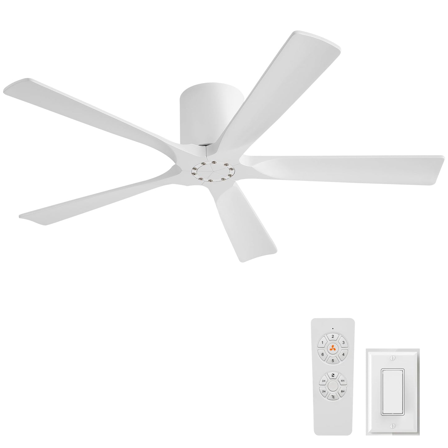 LEDLUX 52 Inch Flush Mount Ceiling Fan No Light - 5 Solid Wood Blades, 6-Speed Reversible DC Motor, Noiseless Low Profile Ceiling Fan without Light for Bedroom Living Room, White