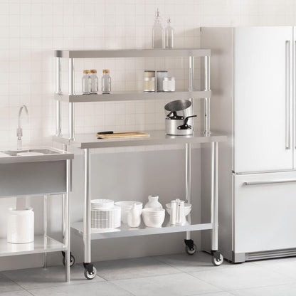 Stainless Steel Kitchen Prep Work Table with Overshelf, Rolling Food Preparation Station with 2-Tier Storage Shelf, Mobile Commercial Utility Cart for Restaurant Catering 43.3x21.7x59.1 Inches