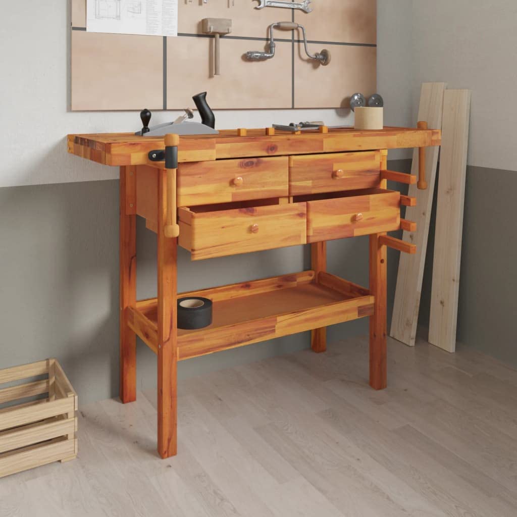 Sturdy Garage Workbench with 4 Drawers and Vices, Solid Acacia Wood Workbench 48.8x20.5x32.7 Inch for Workshop and Shed