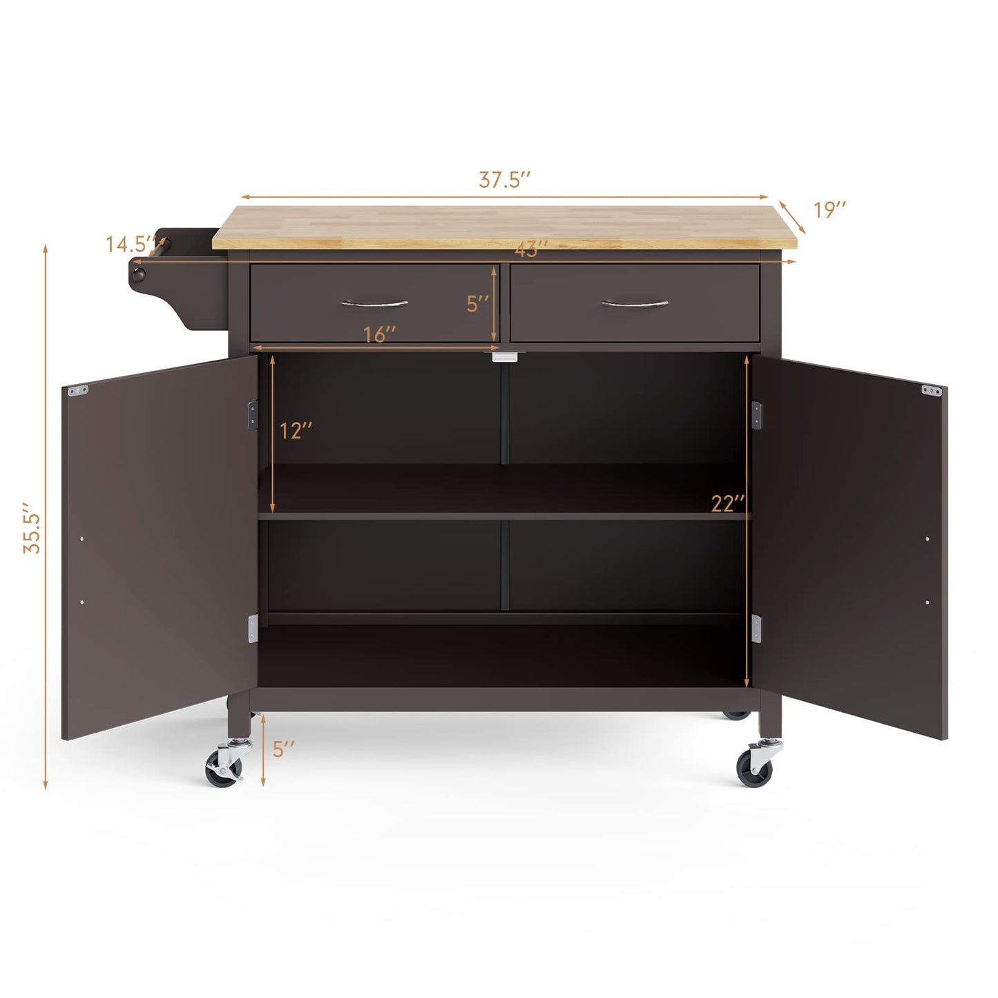 MEDIMALL Rolling Kitchen Island Cart, Utility Serving Cart with Drawers, Adjustable Shelf & Towel Rack, Mobile Island Table, Wooden Storage Trolley for Home, Restaurant & Bar, Rustic Brown