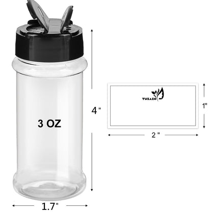 TUZAZO 24 Pcs Spice Bottles Plastic Seasoning Containers, 3 Oz Clear Plastic Spice Jars with Shaker Lids Empty for Spice & Herbs, Powders, Glitters, BPA Free | Heavy Duty | Wide Mouth | Dual Flaps