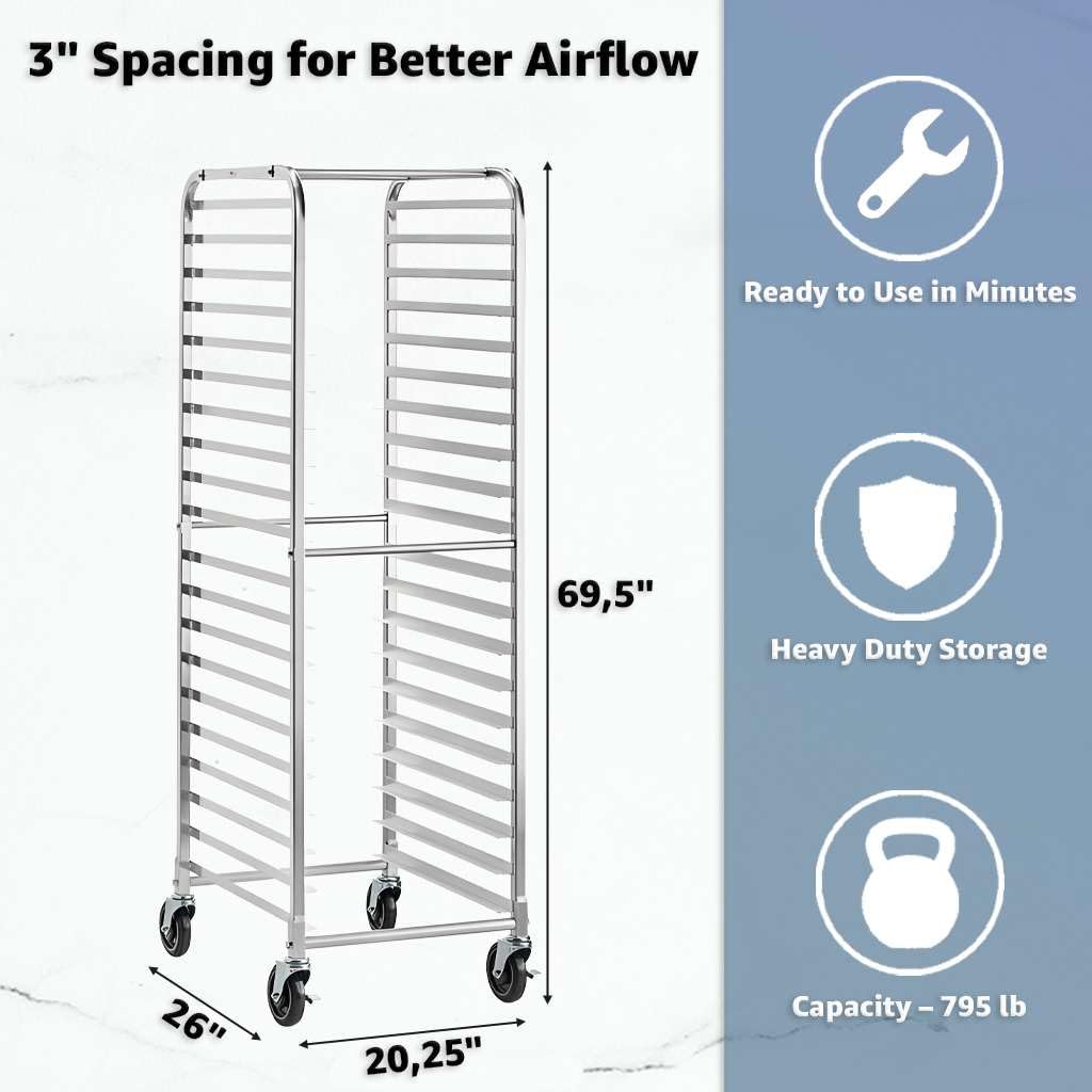 Zedfire 20 Pan Aluminum Sheet Pan Rack - Bakery Speed Rack, Commercial Bread Pan Rack with Casters
