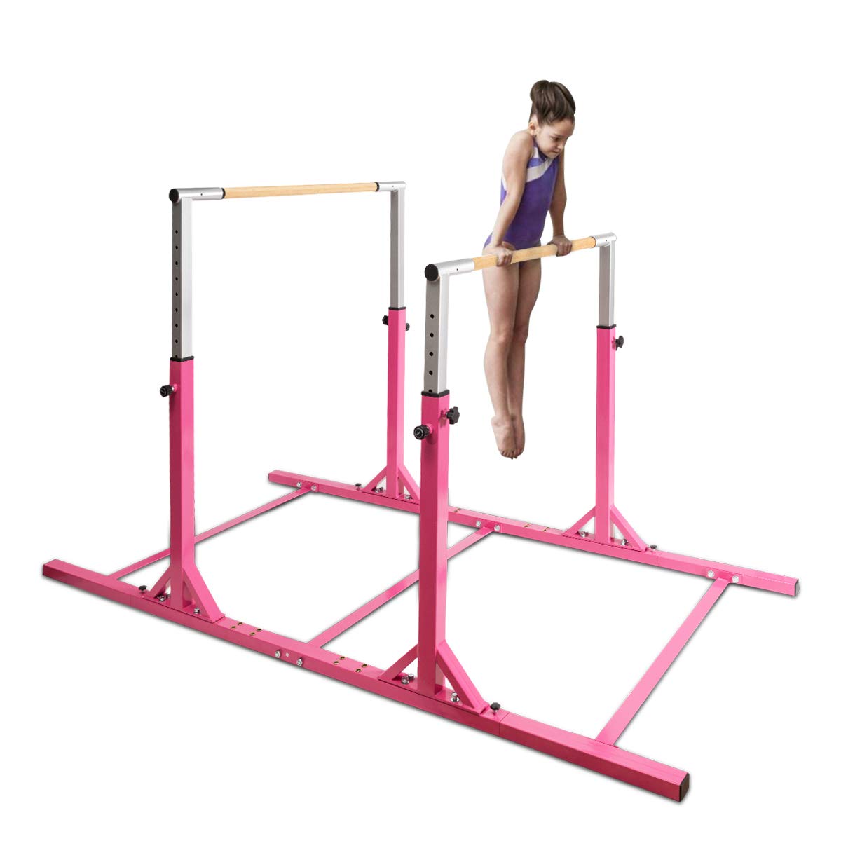 Costzon Double Horizontal Bars, Junior Gymnastic Training Parallel Bars w/ 11-Level 38-55" Adjustable Heights, Converted Single Bar, 264lbs Capacity, Ideal for Indoors, Outdoors, Home Practice (Pink)