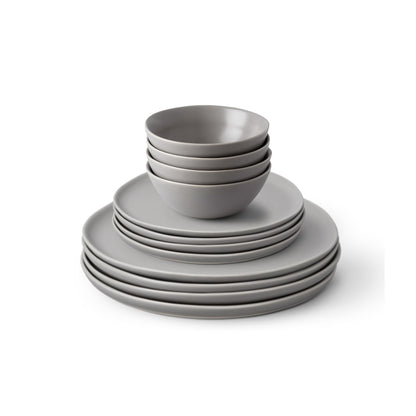 Fable Dinnerware Set - Includes 4 Each of The Dinner + Salad Plates, and The Breakfast Bowls - Dishwasher Safe, Durable Stoneware Ceramic Plates and Bowls - Dove Gray