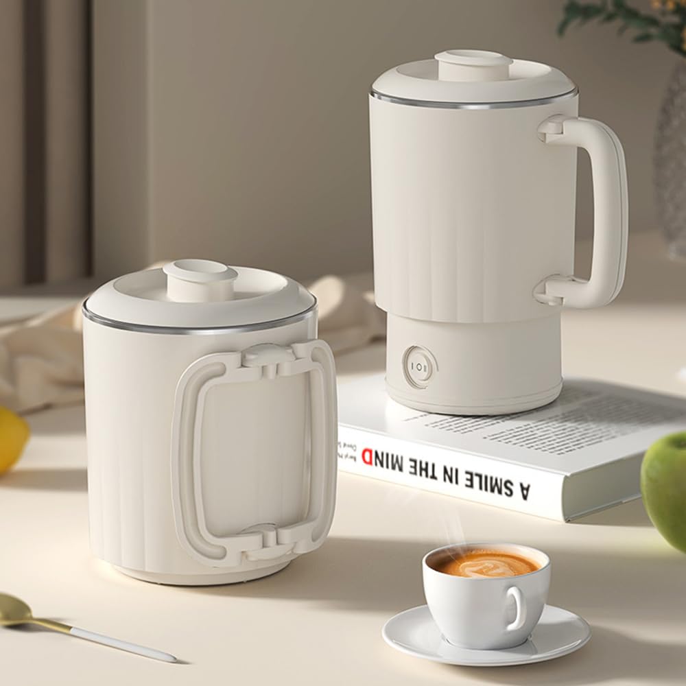 Portable Travel Kettle, 600ML Small Electric Kettle with Foldable Handle, Food Grade Stainless Steel Collapsible Water Boiler with Dual Modes, Compact Portable Kettle for RV, Camping, Beige