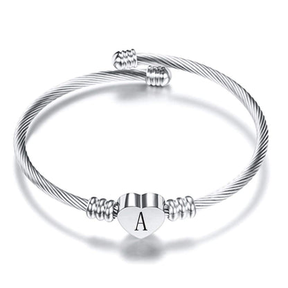 VQYSKO Silver Heart Initials Bracelet-A-Z Stainless Steel Engraved Charm Bracelet, Woman Jewelry Birthday Festival Gift (Silver A)