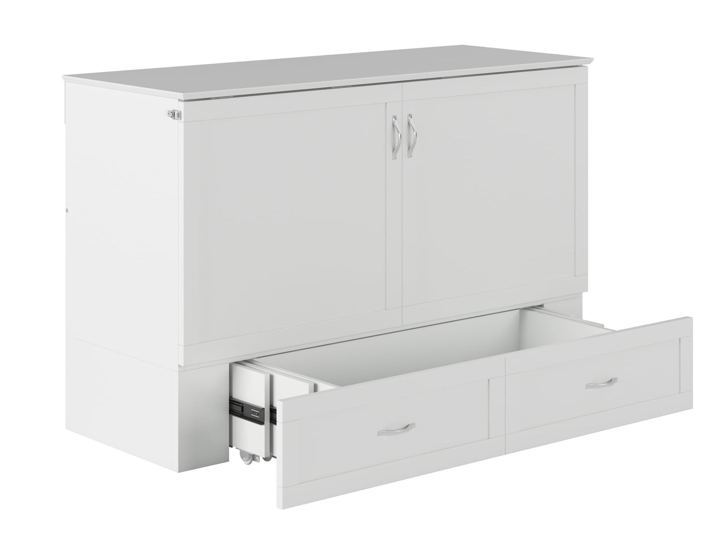 Modern Queen Size Murphy Bed Chest with Mattress, Storage, and Built-in Charger in White
