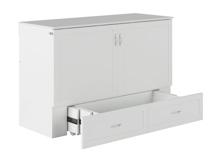 Modern Queen Size Murphy Bed Chest with Mattress, Storage, and Built-in Charger in White