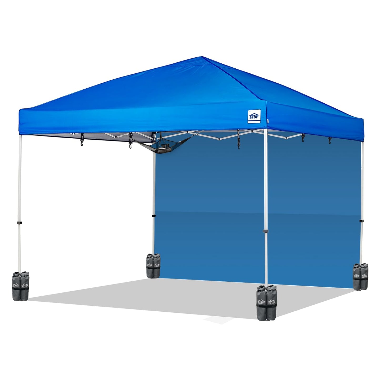 E-Z UP Envoy Plus 10’ x 10’ Pop-Up Canopy Tent, Royal Blue Top, Sidewall, Weight Bags, Roller Bag, E-Z Clips, Gear Loft
