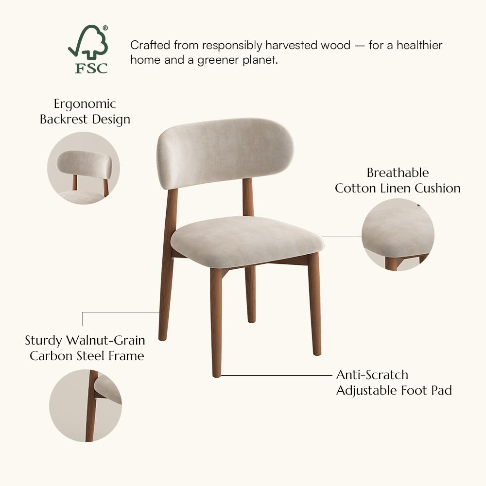 POVISON Modern Dining Chairs Set of 2, Armless Cotton Linen Dining Chair with Sackcloth Cushions and Dark Walnut-Coloured Ash Wood, Pre-Assembled Design