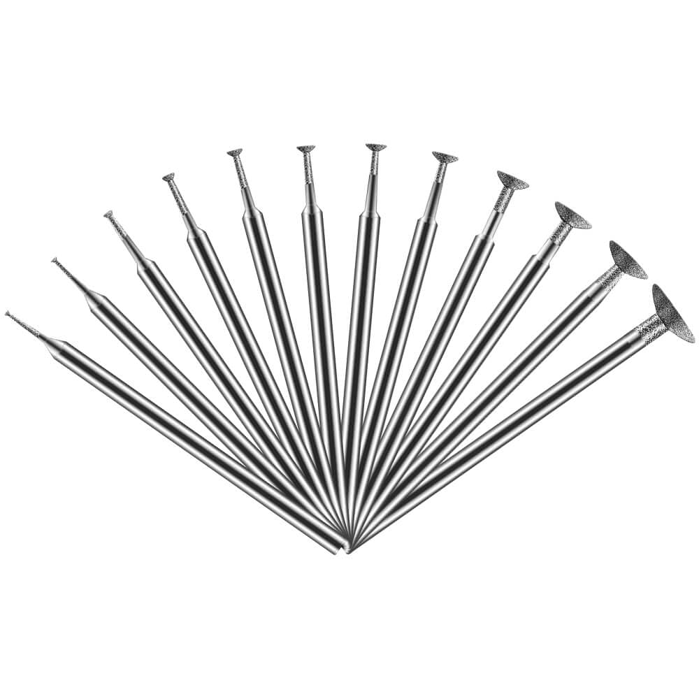 Hanboost 12Pcs Diamond Grinding Burr Kit, 2.35mm Shank S2 Rotary Tool Accessories with 0.5-10mm Inverted Trapezoidal Bits for Carving, Engraving, Grinding, Stone, Rocks, Jewelry, Glass, Ceramics