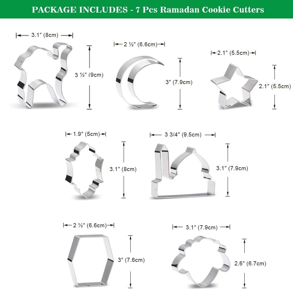 Aprildecember Ramadan and Eid Cookie Cutter Set of 7 - Includes Mosque, Lantern, Moon, Star, Kaba, Sheep Head, Camel