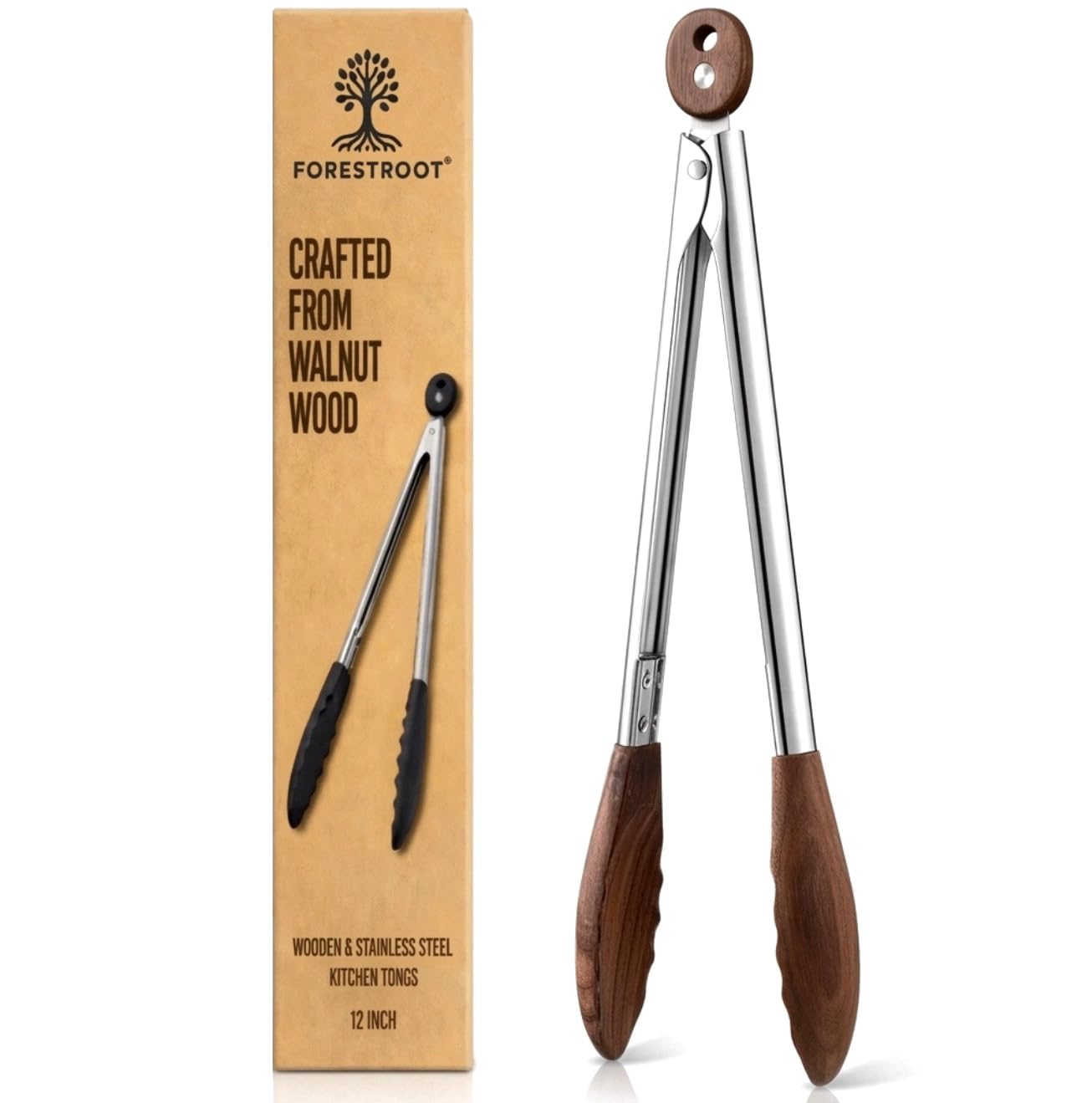 Forestroot Walnut Wood Kitchen Tongs – 12-Inch Nonstick-Safe Wooden Salad & Grill Tongs for Cooking, Serving, BBQ, and Tossing Salad – Durable Stainless Steel Core with Natural Wooden Tips