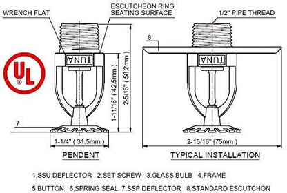 (2 Pack) 1/2 155F (68C) K=5.6 K80 TUNA UL & CUL Listed Fire Sprinkler Head Pendent Spray NPT Pendent Spray Standard