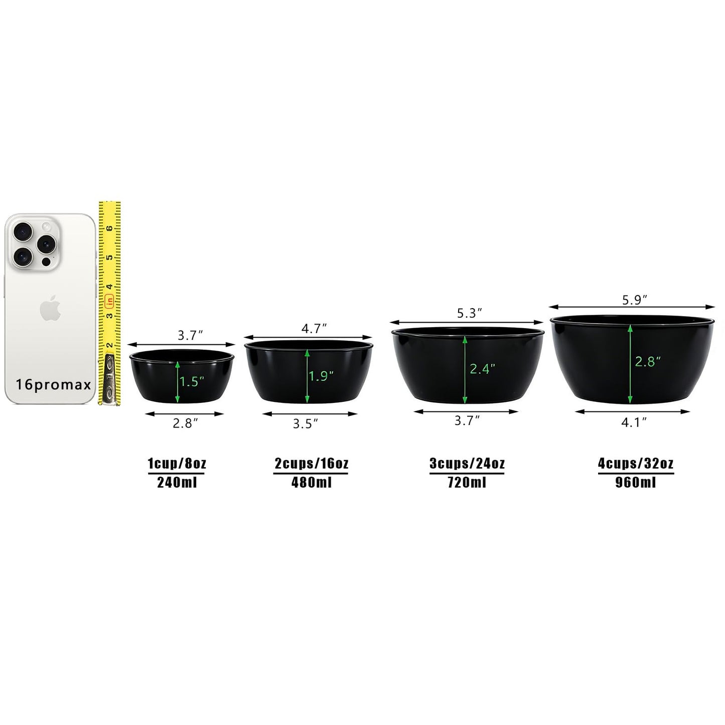 SCWBOEII 4-Piece Classic Plastic Prep Bowls with Lids, Nesting Plastic Small Mixing Bowl Set for Mixing, Baking, Prepping, Cooking and Serving Food, Microwave and Dishwasher Safe (Black)