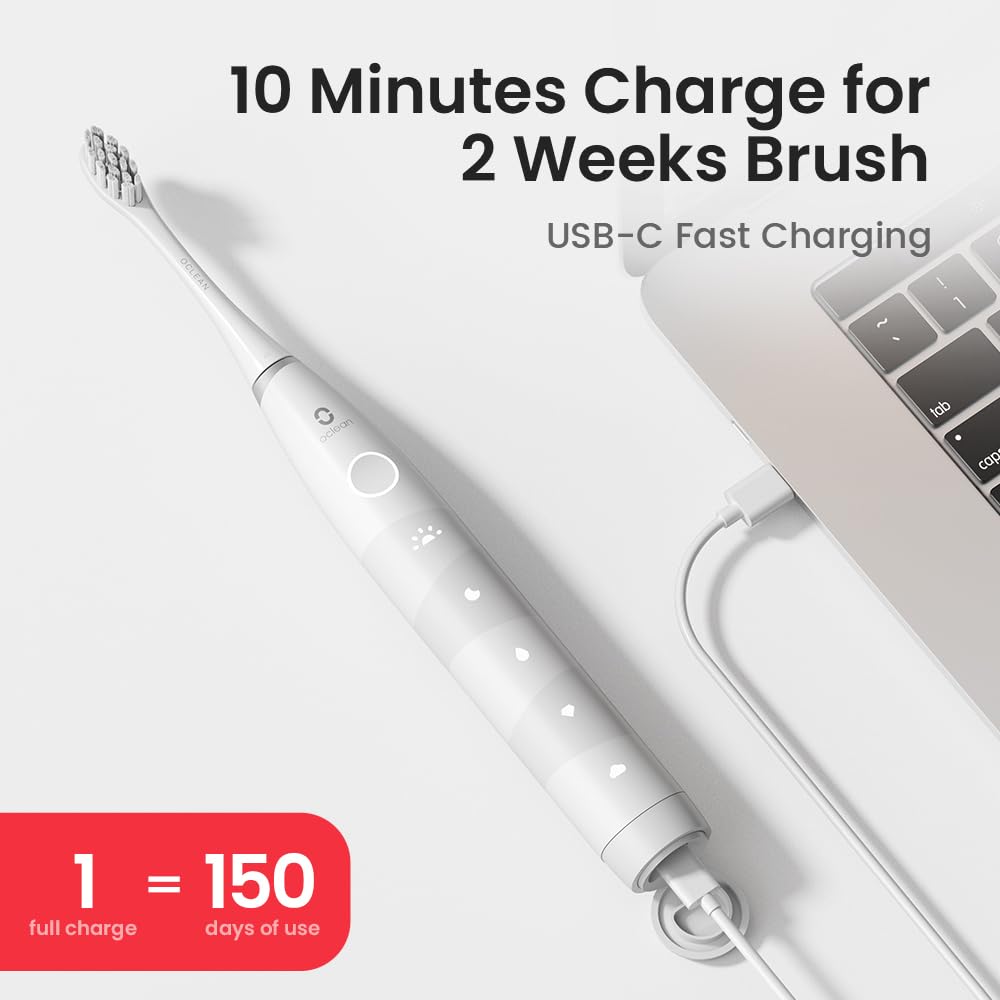 Oclean Electric Toothbrush for Adults, 150 Days Battery Life Electric Toothbrush, USB Rechargeable Sonic Travel Toothbrush with 6 Brush Heads & Travel Case, 5 Modes and Smart Timer