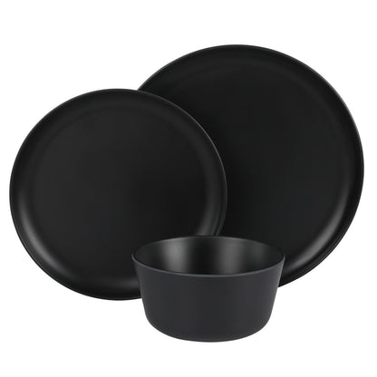 Gibson Home Fairhope 12-Piece Matte Black Melamine Dinnerware Set – Durable Lightweight Plates and Bowls, Kitchen Dining Set