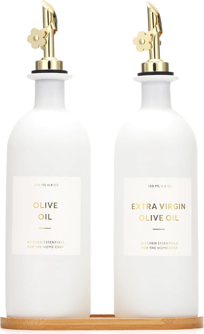 16oz Set, Set 2 (16oz HOMCDALY Olive Oil Dispenser for Kitchen, Glass Oil Bottles with Bamboo Tray, Gold Oil&Vinegar