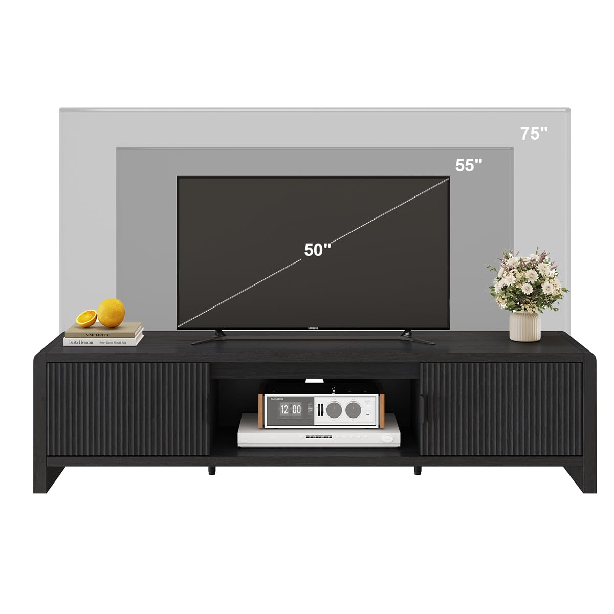 FATORRI TV Stand for 75/65/55 Inch TVs, Mid Century Modern Entertainment Center with Storage, Wooden Television Media Console Cabinet with Fluted-Door for Living Room, Bedroom (63 Inch W, Black)