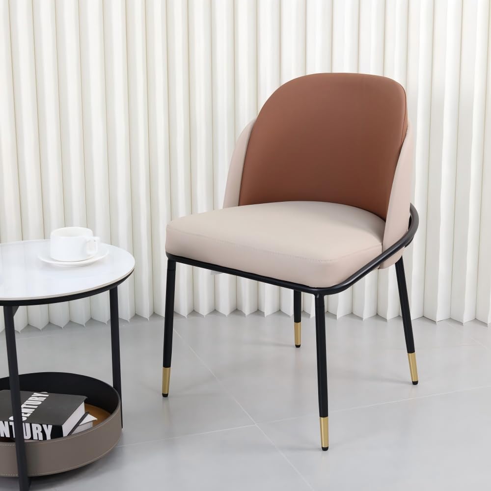 Wisfor Dining Chairs Set of 2: Faux Leather Upholstered Makeup Chair with Arched Backrest - Armless Vanity Chairs with Metal Legs for Kitchen Living Room Bedroom (Reddish Brown and Beige)