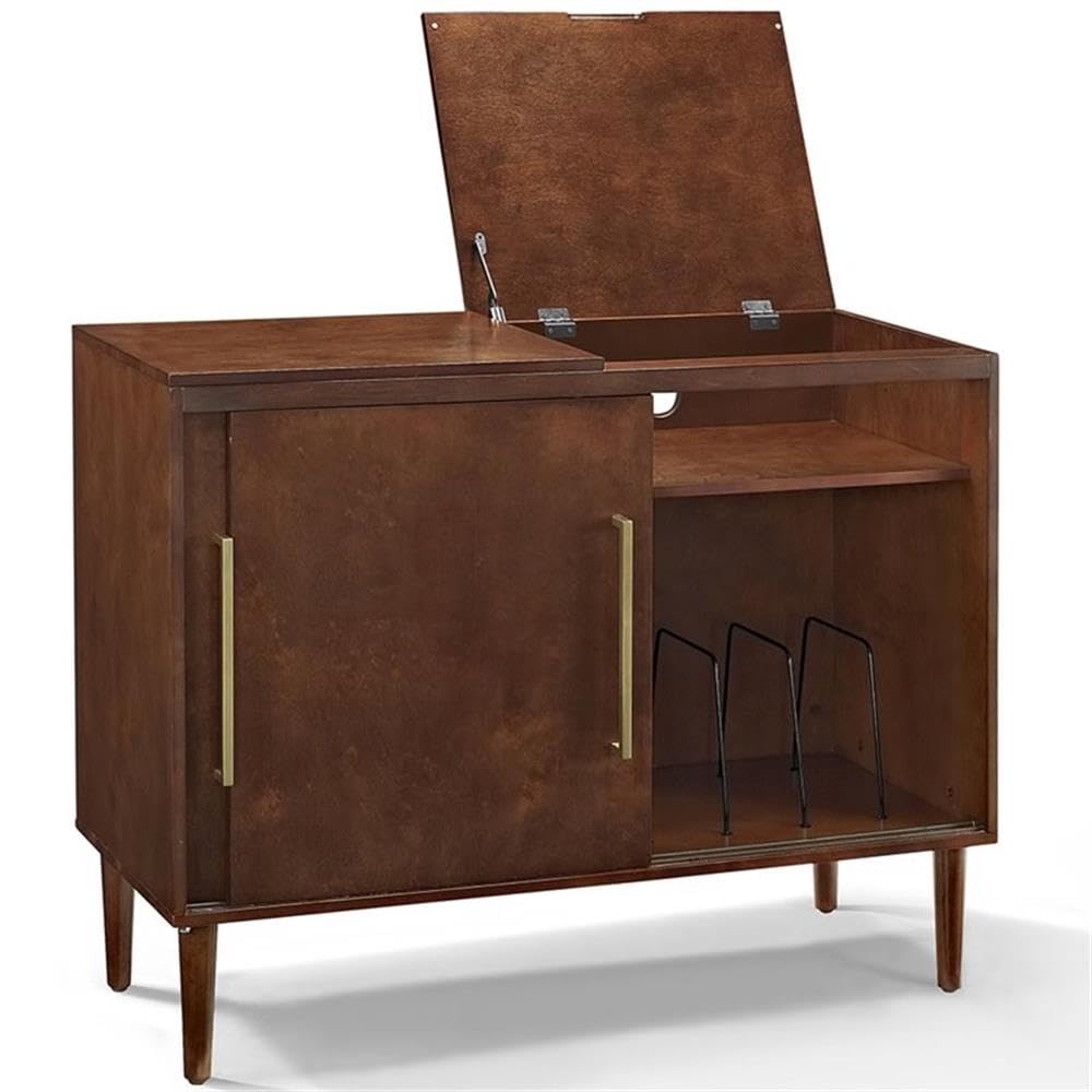 BOWERY HILL Mid-Century Media Console Table, 44 in x 18 in x 34.25 in, MDF/Birch Veneer, Mahogany Finish, Gold Metal Hardware, Hinged Top, Vinyl Record Storage, Sliding Doors, Living Room Turntable