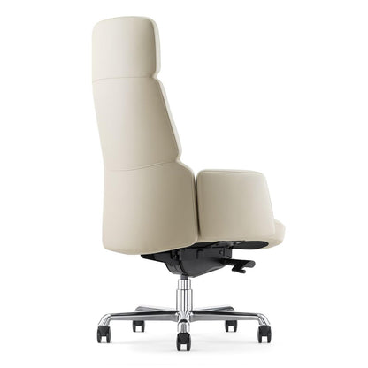 FURIJING Genuine Leather Office Desk Chair with High Back Aluminum Swivel Base Ergonomic Synchro-Tilt Reclining Mechanism Real Leather Executive Chair-Light Beige