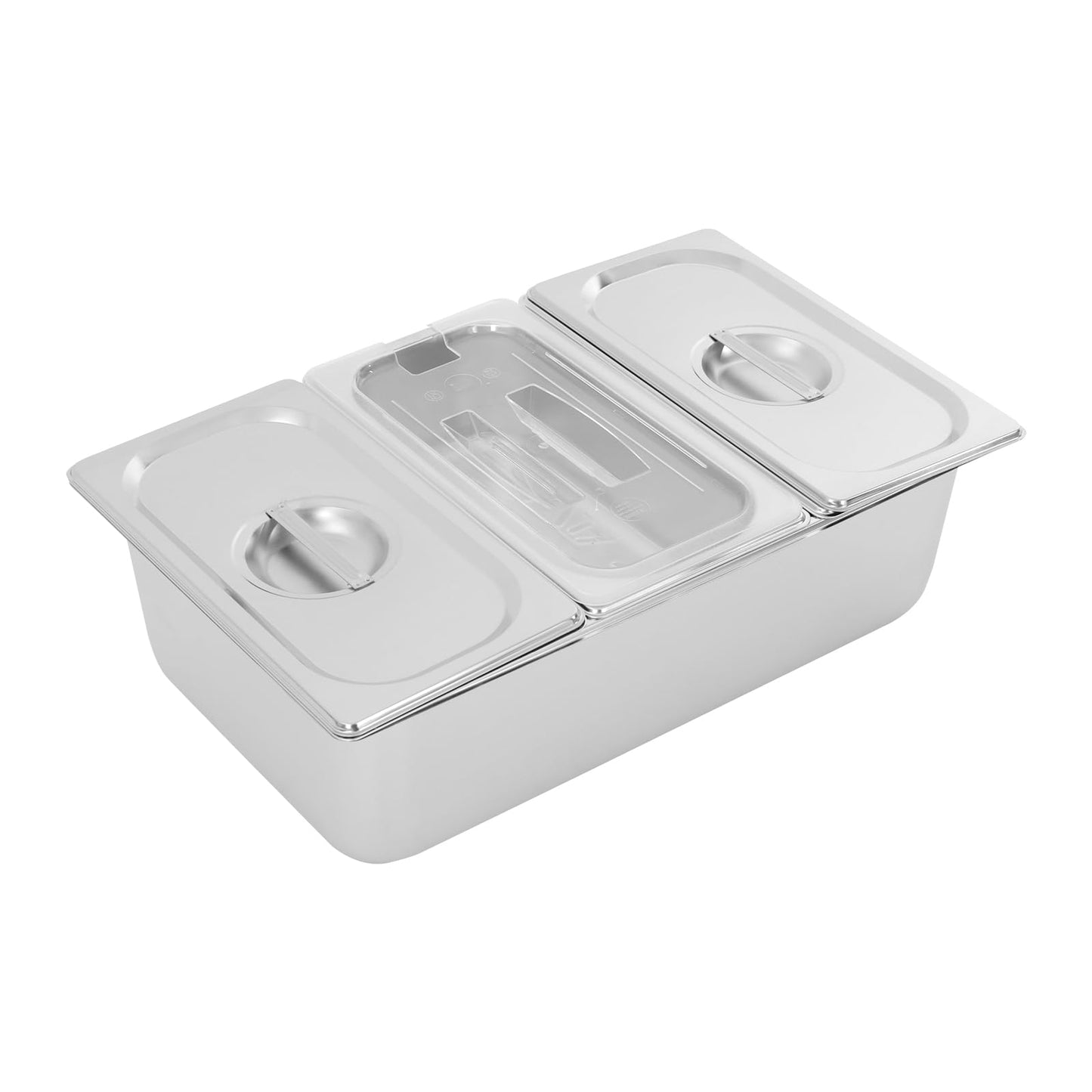 Wawuwao Chilled Condiment Server with Lid, 3-Compartment Stainless Steel Chilled Serving Tray with Lids, Commercial Food Storage Containers for Buffet Restaurant Home, 2 Types of Lids (3-Pan)