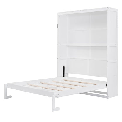 Jintop Queen Size Murphy Bed Wall Beds with Storage Shelves,Hide Away Bed Frame Easily Folds into Wood Cabinet,W/Mattress Holder,for Small Space,Guest Room,Apartment,White