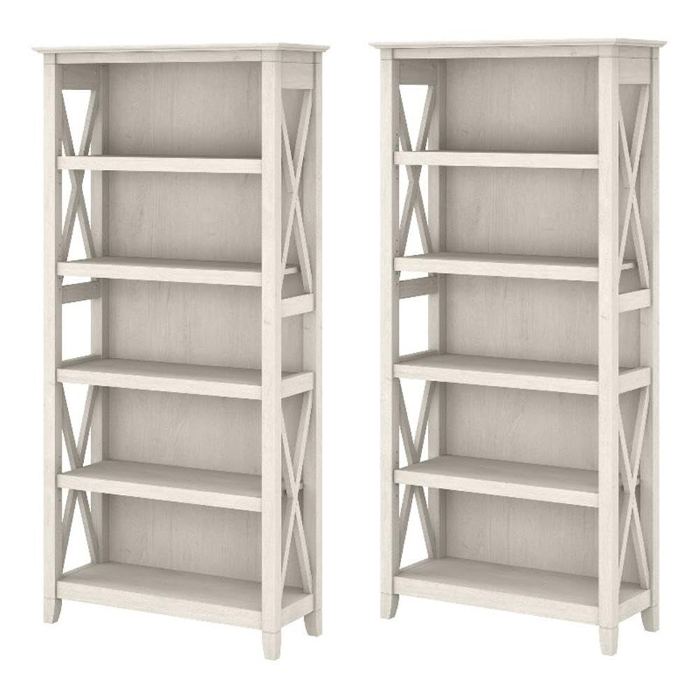 Bush Home Key West 5 Shelf Bookcase - Set of 2 | Tall Bookshelves in Linen White Oak | Sturdy Display Shelves for Library, Living Room, and Home Office