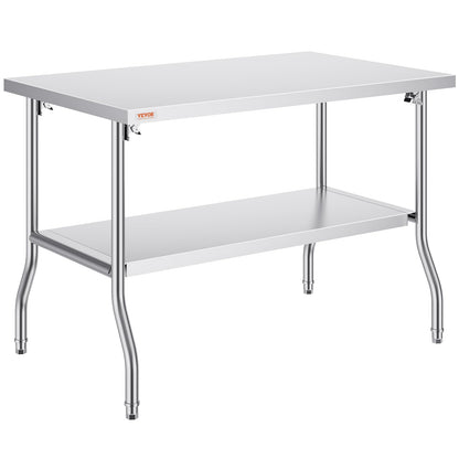 VEVOR Stainless Steel Foldable Work Table, 30 * 48 Inch Heavy Duty Food Outdoor Double Layer Stainless Steel Worktable for Commercial Kitchen Restaurant