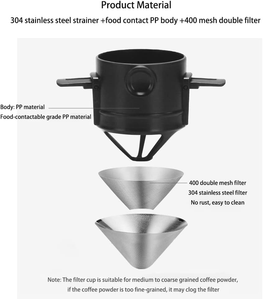 Reusable Paperless Coffee Filter Cone, Coffee Dripper with Foldable Holders for Home, Travel, and Camping, Black
