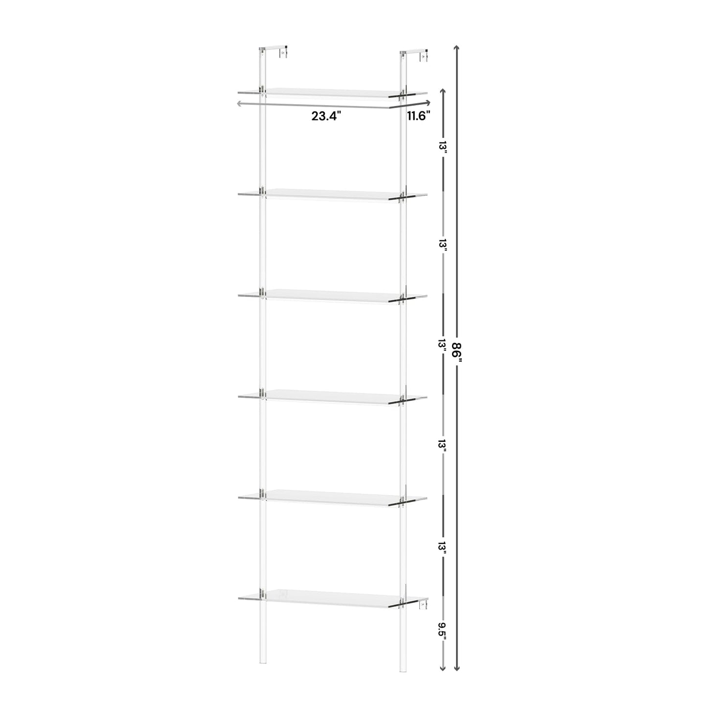 CRTERICX Acrylic Ladder Bookshelf, 6-Tier Clear Wall Mounted Bookshelf with Open Shelves, Multipurpose Bookcase for Living Room, Bathroom, Office, Modern, 11.6" D x 23.4" W x 86" H