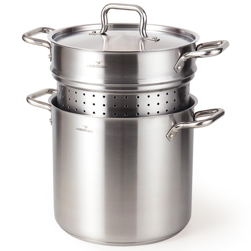 HOMICHEF 13 Quart Nickel Free Stainless Steel Pasta Pot With Strainer and Lid - Commercial Grade Stainless Steel Veggie Steam Baskets - Matte Polished 13 Quart Induction Steamer Pots Strainer Set