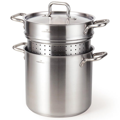 HOMICHEF 13 Quart Nickel Free Stainless Steel Pasta Pot With Strainer and Lid - Commercial Grade Stainless Steel Veggie Steam Baskets - Matte Polished 13 Quart Induction Steamer Pots Strainer Set