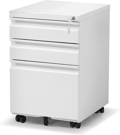 Oasecrilio Filing Cabinet 3 Drawer, Locking File Cabinets for Home Office, Mobile Filing Cabinet for A4/Letter/Legal Size File Folders, Fully Assembled, Matte White