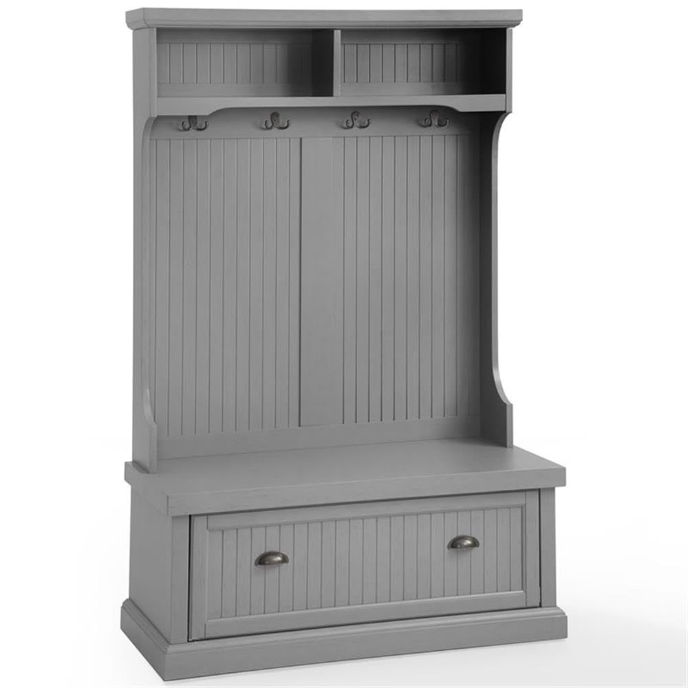 BOWERY HILL Coastal Wood Hall Tree, Distressed Navy Finish, 64.5" H x 40" W x 18.5" D, Solid Poplar Wood and Particle Board, Bench Seat, 4-Hook Coat Rack, Storage Shelves, Entryway Furniture