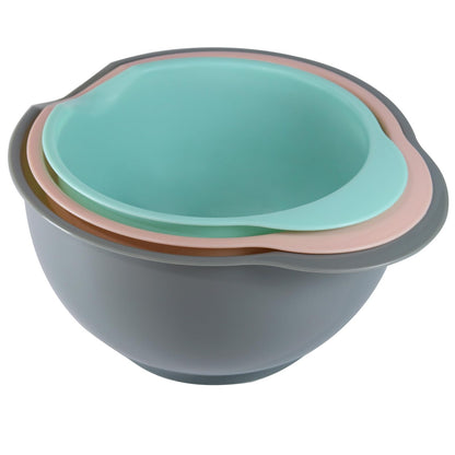 Cheeren Set of 3 Mixing Bowls with Pour Spout-Nesting Design Saves Space - Non-Slip, BPA Free, Dishwasher Safe Plastic - Kitchen Cooking and Baking Supplies (Green Pink Grey)