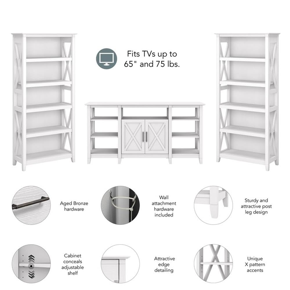 Bush Home Key West Tall TV Stand with Set of 2 Bookcases in Pure White Oak, Farmhouse Entertainment Center for 65 Inch Television