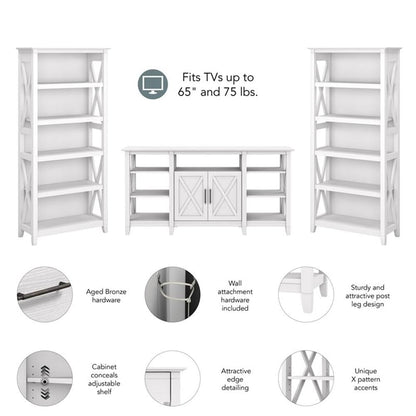 Bush Home Key West Tall TV Stand with Set of 2 Bookcases in Pure White Oak, Farmhouse Entertainment Center for 65 Inch Television