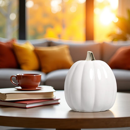 Pearhead Ceramic Pumpkin Fall Decor with Gold Stem, White