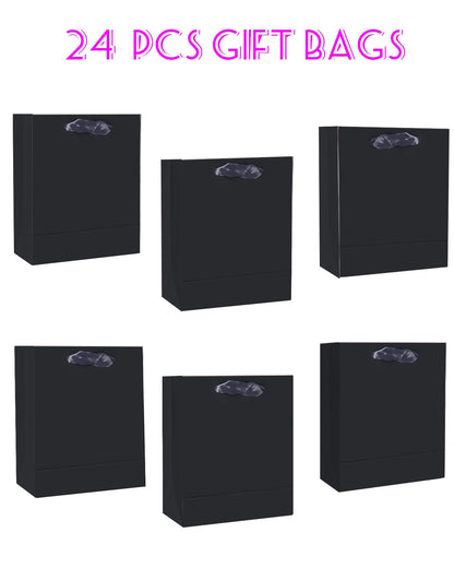 qiqee 24pcs Black Gift Bags with Tissue Paper for Wedding, Birthday, Party Supplies-7.9"x4.3"x9.6" Medium Size Cardboard Gift Bags（24pcs Bags + Tissue Paper ）