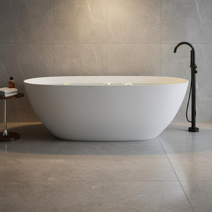 GDFStudio 69" Solid Surface Freestanding Bathtub, Matte White Stone Resin Soaking Tub with Overflow and Pop-Up Drain, Thick Edge Oval Stand Alone Deep Soaker Tub for Modern Bathroom Spa Relaxation