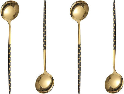 Set of 4 Stainless Steel Soup Spoons, Korean Dessert Spoons, Black Polka Dot Mixed Color, 8 Inches
