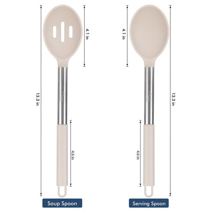 HOTEC Heat Resistant Large Silicone Cooking Spoon, Solid Slotted Spoons, Nonstick Kitchen Cookware Utensils, Mixing, Serving, Stiring Large Spoons, Khaki
