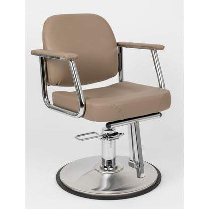 Minerva Beauty Zaria Wide Salon Styling Chair, Round Chrome 360° Swivel Hydraulic (Taupe)