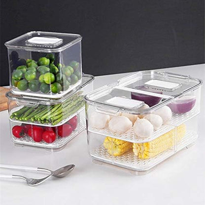 SANNO Refrigerator Food Storage Containers - Stackable Bin Organizer with Vented Lids and Removable Drain Tray