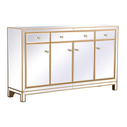 Pemberly Row Modern 60" Metal and MDF Mirrored Credenza, Gold Finish, 4 Doors, 3 Shelves, Rectangle Shape, Soft Closing Hand-Painted Storage Cabinet for Living Room, Dining Room, or Entryway Use