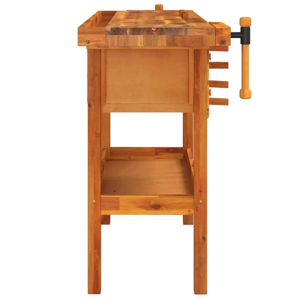 Sturdy Garage Workbench with 4 Drawers and Vices, Solid Acacia Wood Workbench 48.8x20.5x32.7 Inch for Workshop and Shed