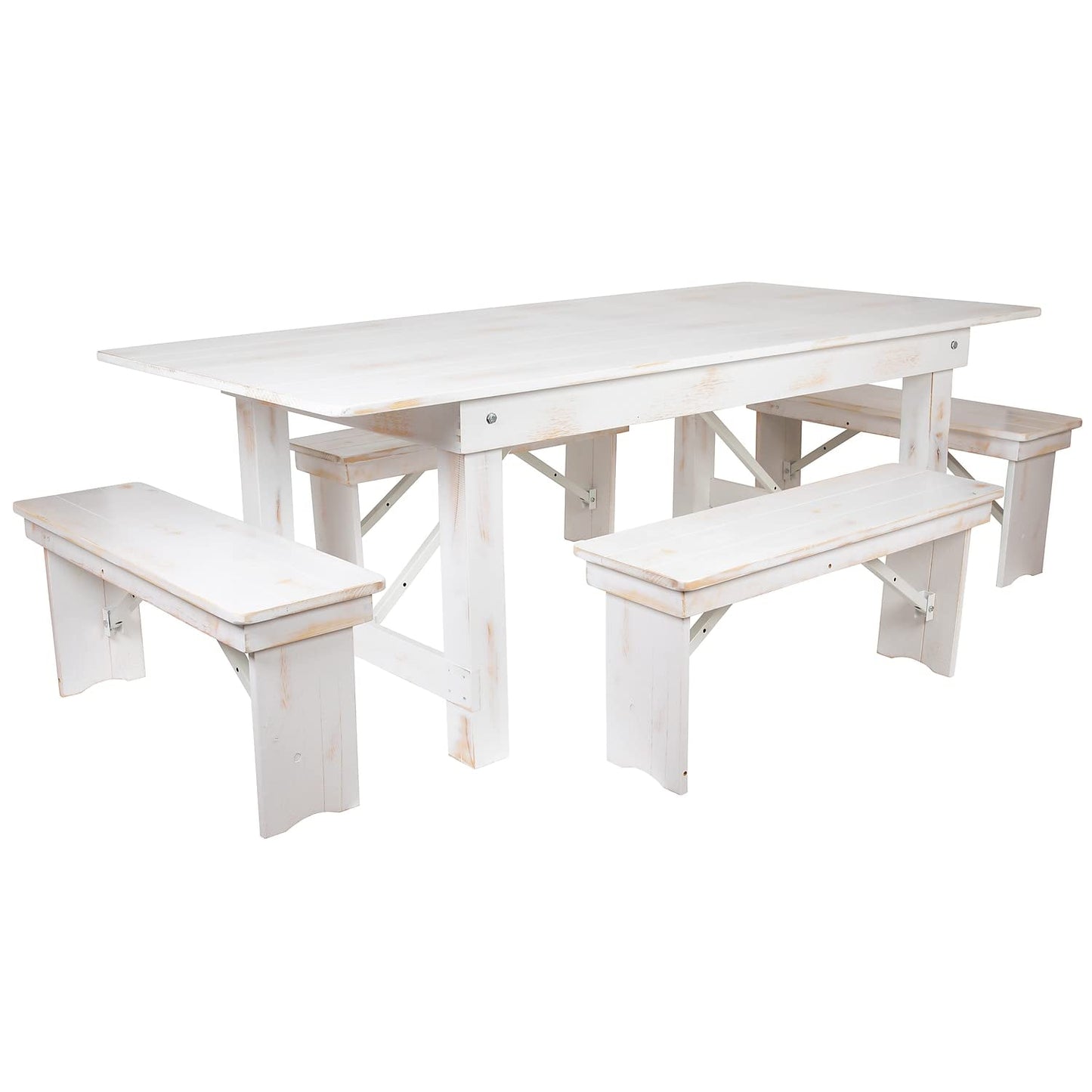 Flash Furniture HERCULES Series 7' x 40" Antique Rustic White Folding Farm Table and Four Bench Set
